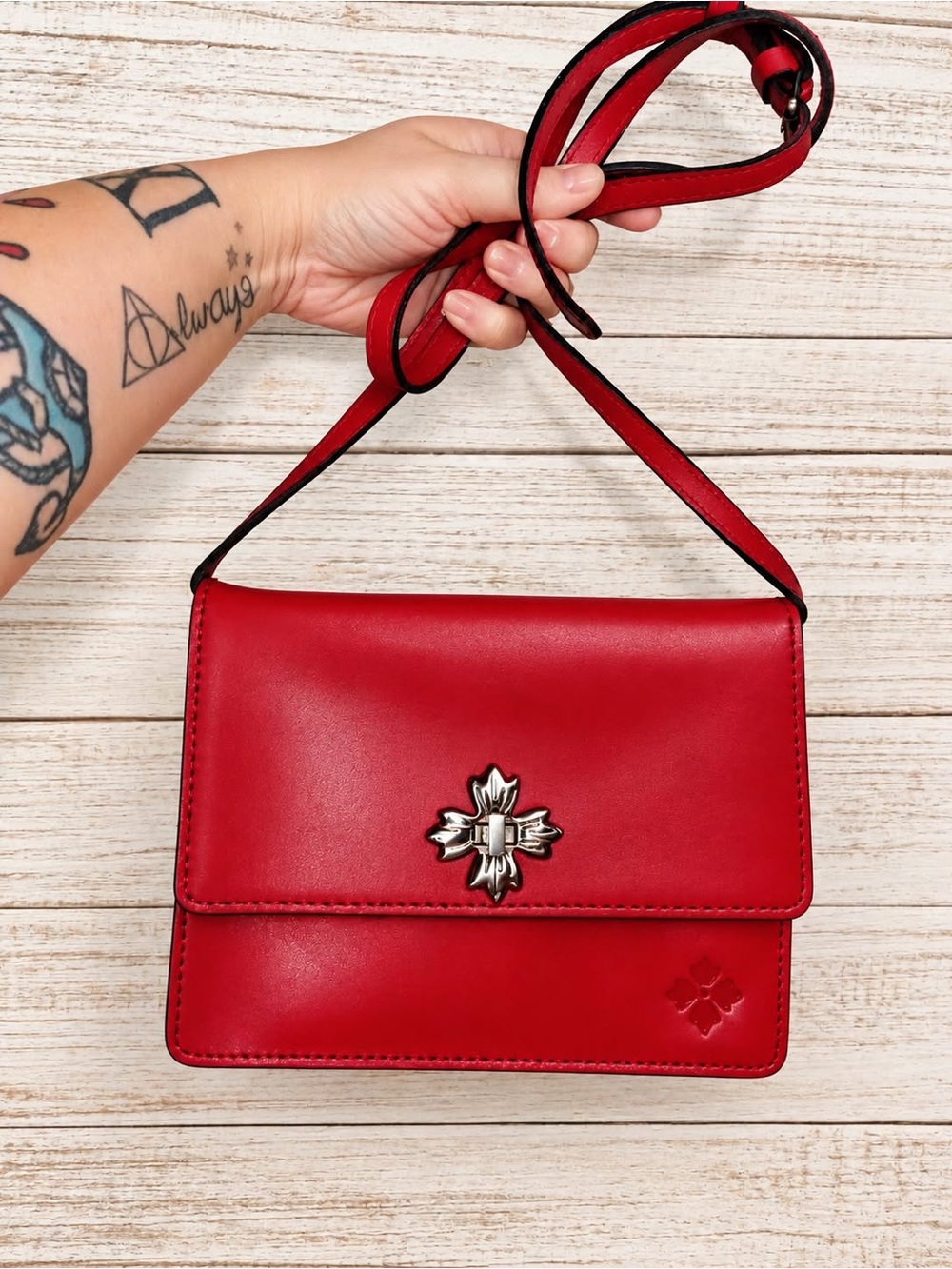 Patricia Nash Red Leather Crossbody with Silver Floral Accent